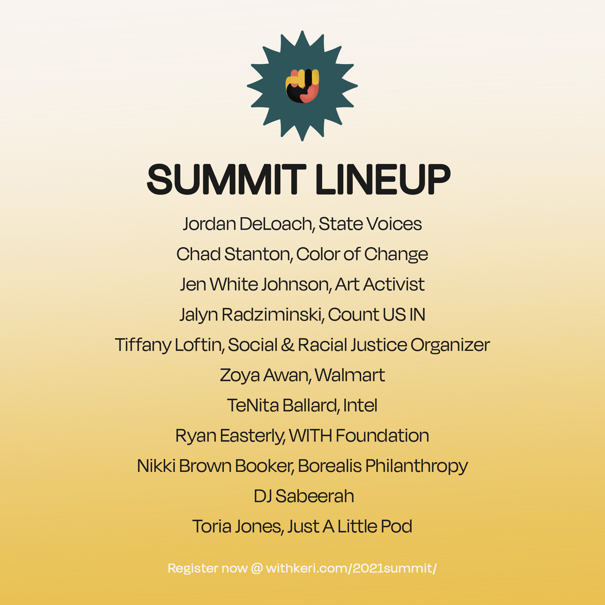 Graphic listing the 2021 NAMD Advocates Summit speaker lineup, including Jordan DeLoach, Chad Stanton, Jen White Johnson, Jalyn Radziminski, Tiffany Loftin, Zoya Awan, TeNita Ballard, Ryan Easterly, Nikki Brown Booker, DJ Sabeerah, and Toria Jones. Registration link: withkeri.com/2021summit/