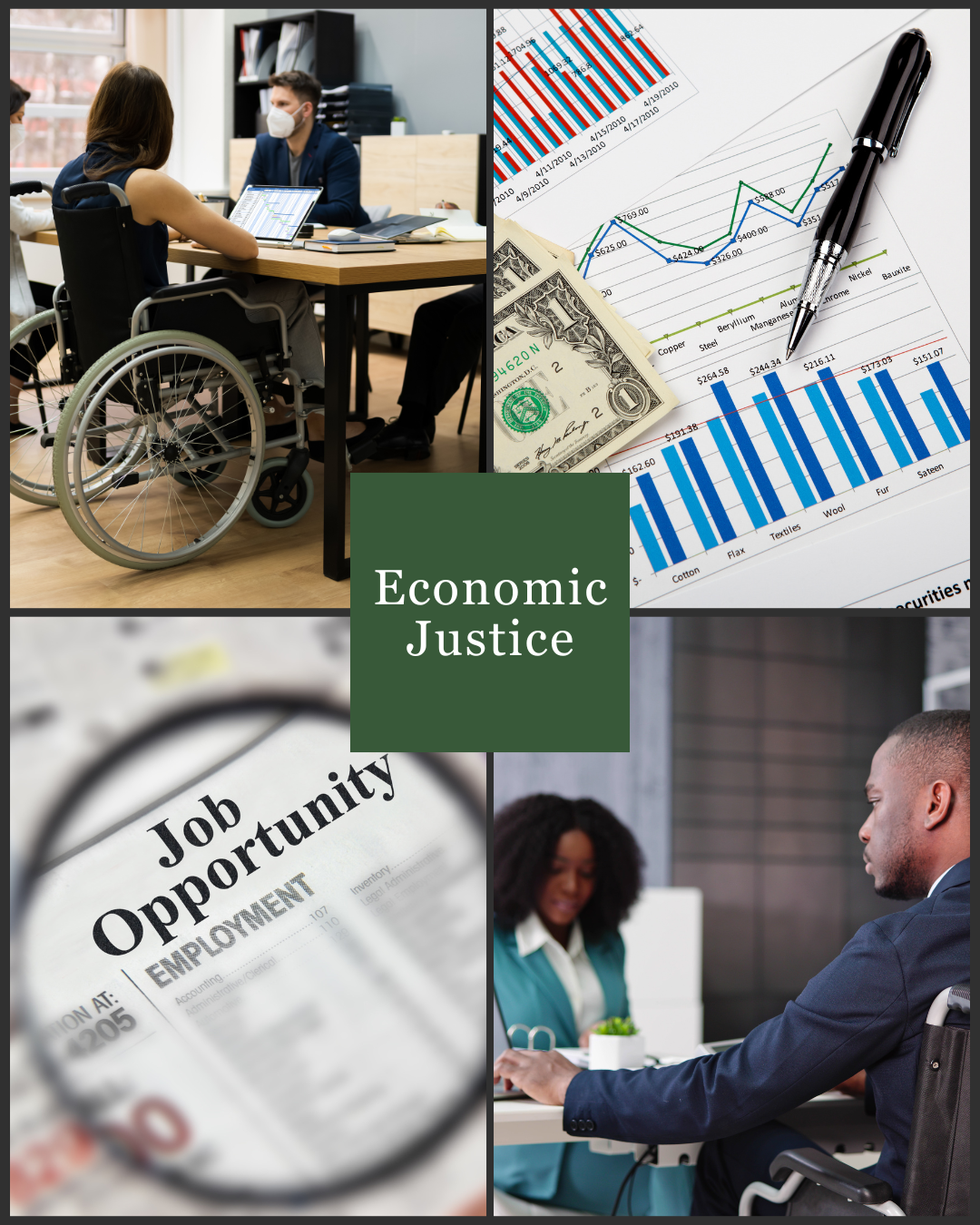 Four squares showing workers and money