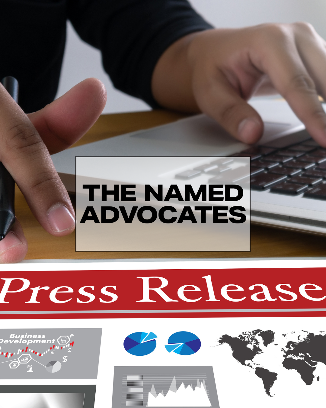 A person typing on a laptop with the words press release.