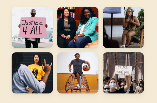 A six-photo grid of NAMED Advocates community images including a protest sign reading "Justice 4 ALL," two people seated together in a library, a presenter speaking at an event, a person signing, a wheelchair basketball player, and a masked crowd holding a "Silence is Violence" sign