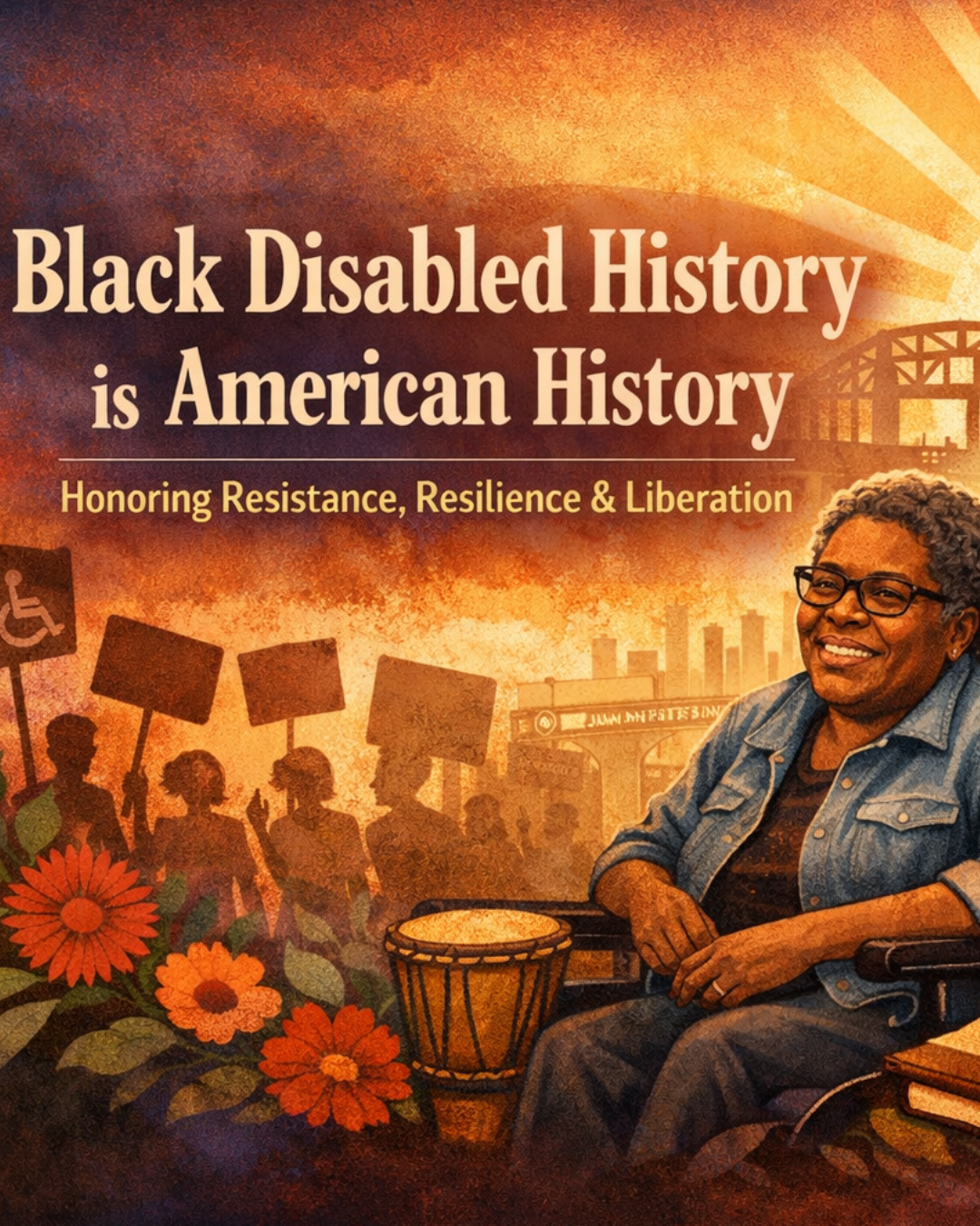 Illustrated poster of a smiling older Black disabled woman seated confidently in the foreground, with protest silhouettes holding disability rights signs in the background, and the text "Black Disabled History is American History: Honoring Resistance, Resilience & Liberation"