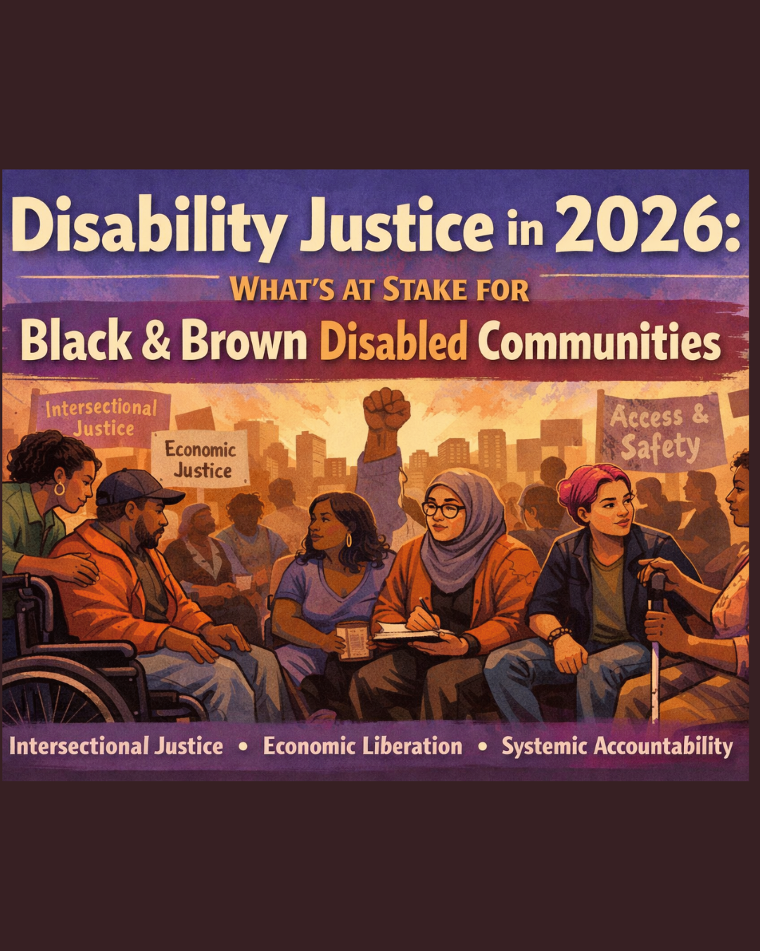 Illustrated blog cover showing a diverse group of disabled people of color seated in a circle in discussion, with protest signs reading "Intersectional Justice," "Economic Justice," and "Access & Safety" in the background, and the title "Disability Justice in 2026: What's at Stake for Black & Brown Disabled Communities"