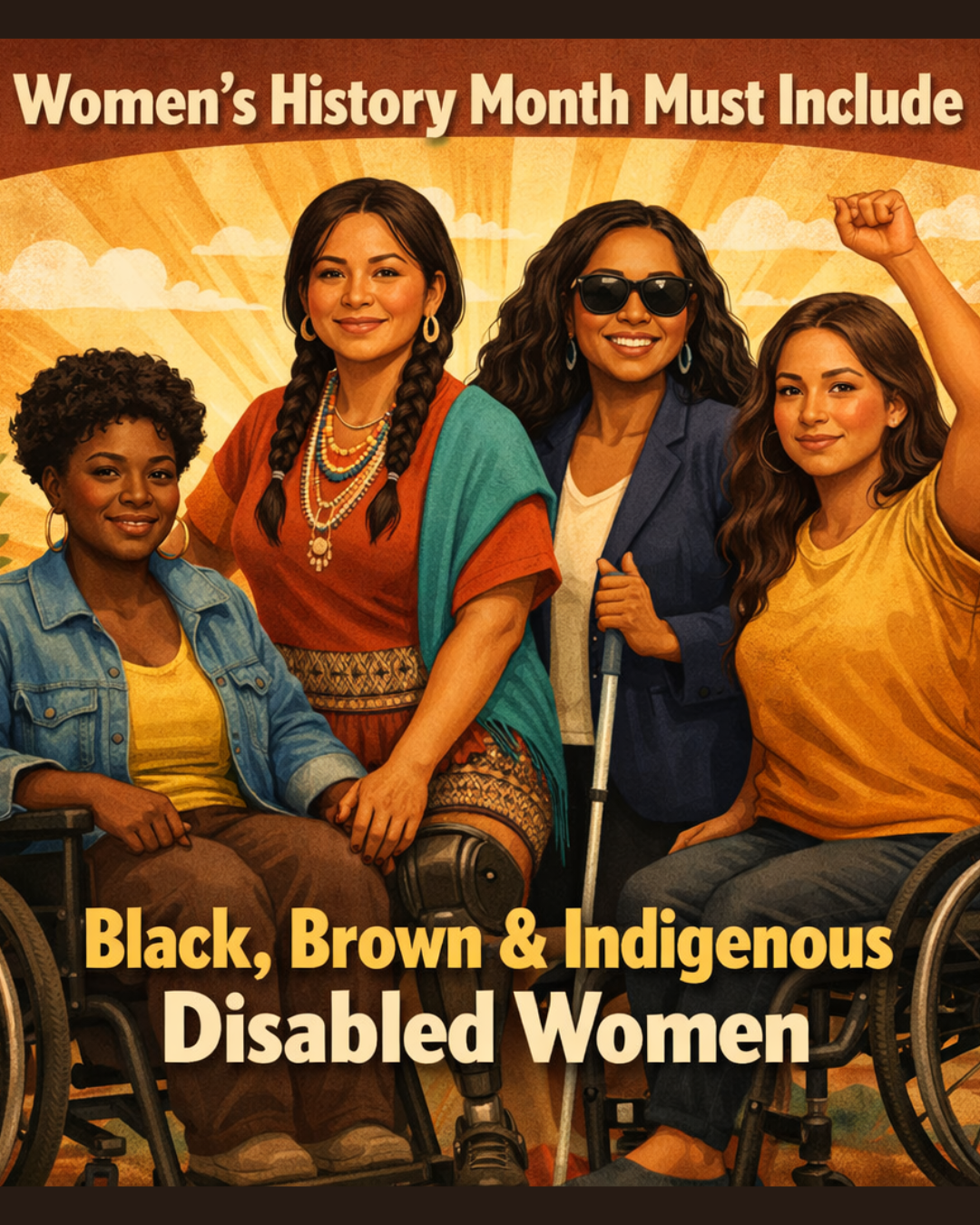 Illustrated poster featuring four disabled women of color — a Black woman using a wheelchair, a Native woman with a prosthetic leg, a Brown woman using a white cane and wearing sunglasses, and a Latina woman with a raised fist — with the text "Women's History Month Must Include Black, Brown & Indigenous Disabled Women"