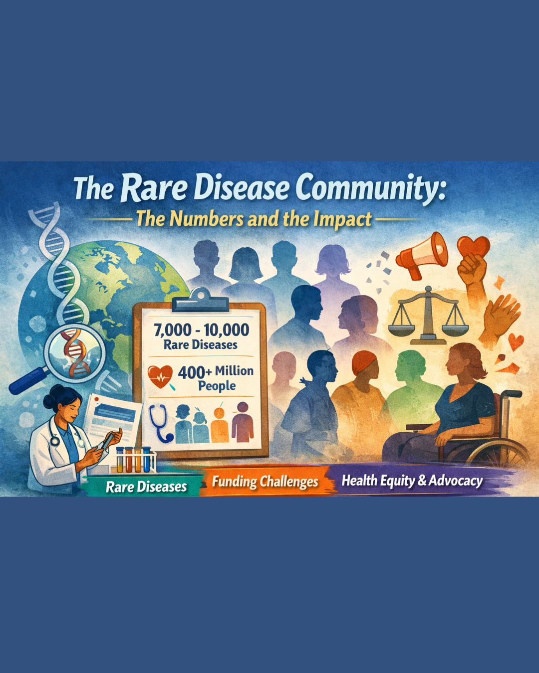 Illustrated infographic titled "The Rare Disease Community: The Numbers and the Impact" showing a doctor, DNA strands, a globe, and diverse human silhouettes alongside statistics — 7,000 to 10,000 rare diseases affecting 400+ million people — with sections on Rare Diseases, Funding Challenges, and Health Equity & Advocacy