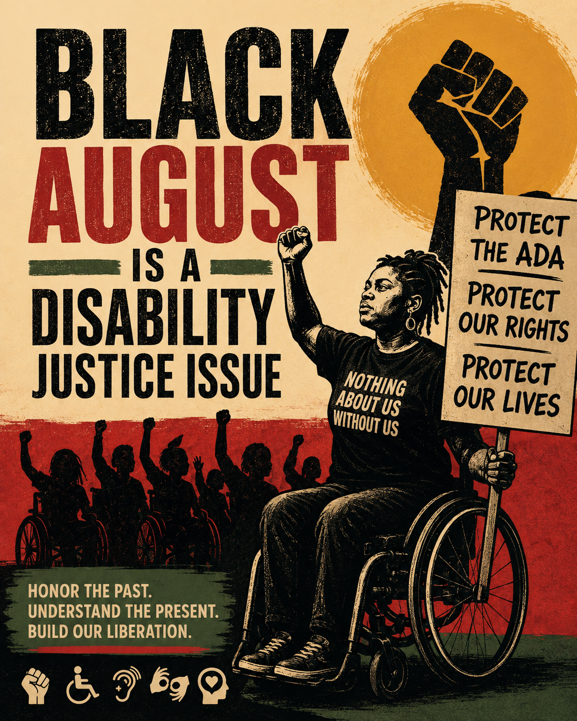 A wheelchair user holding a protest sign